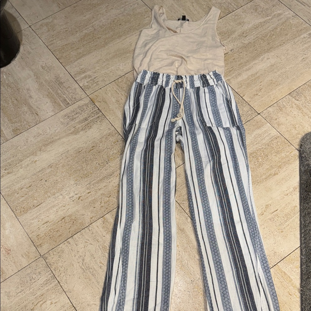 Blue & White Striped Wide-Leg Drawstring Pants
